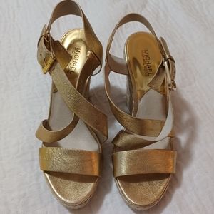 Michael Kors Gold Strapy Leather Wedge Sandals